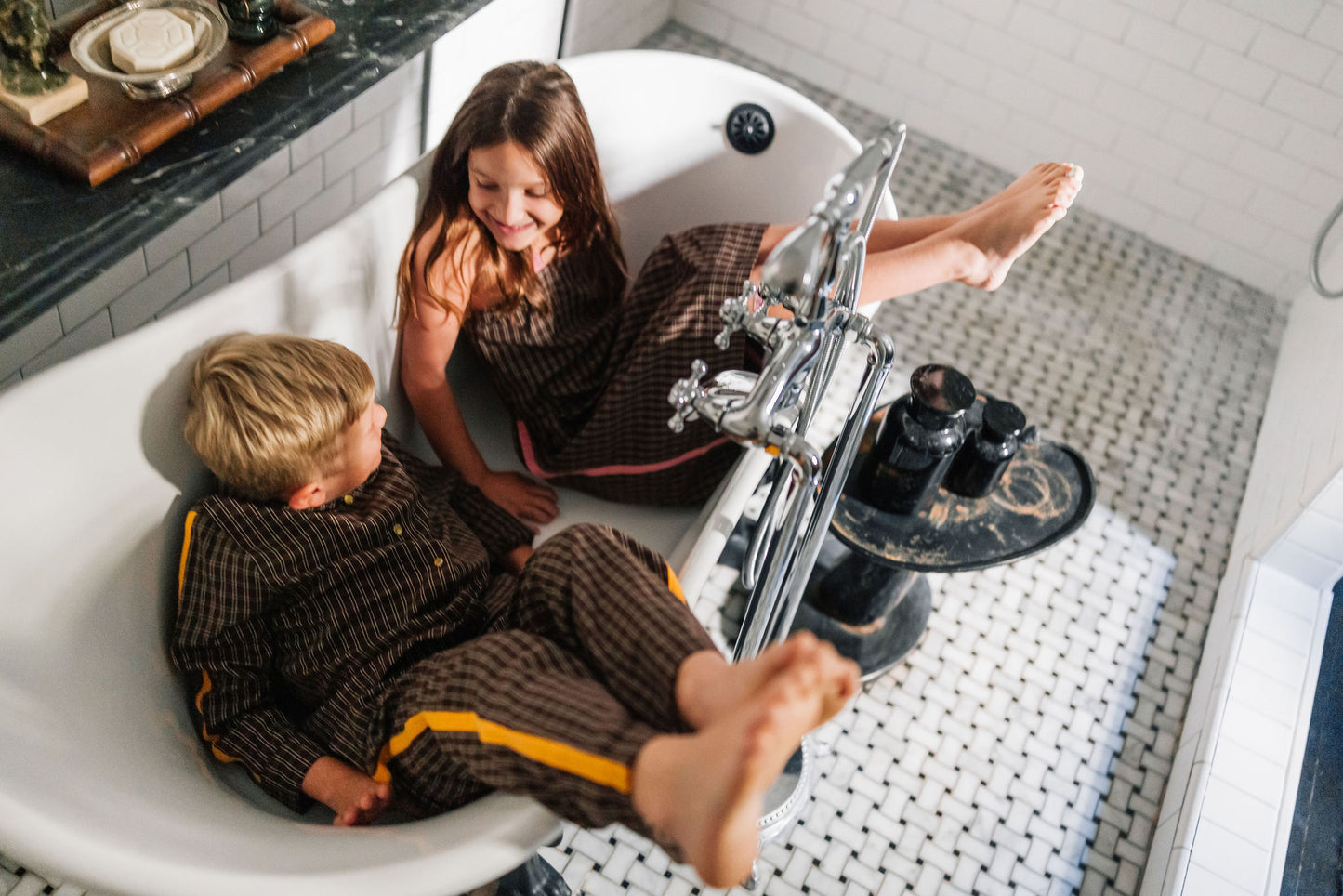 BROWN CHECK LONG PAJAMA SET